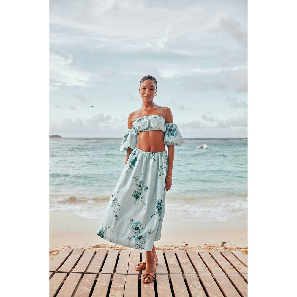 Zimmermann Lightburst Aqua Floral Crop Top & Midi Skirt Set AU 1 Resort Dress